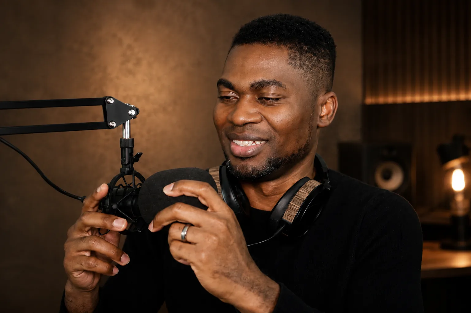 Bunmi Solomon working with a studio microphone